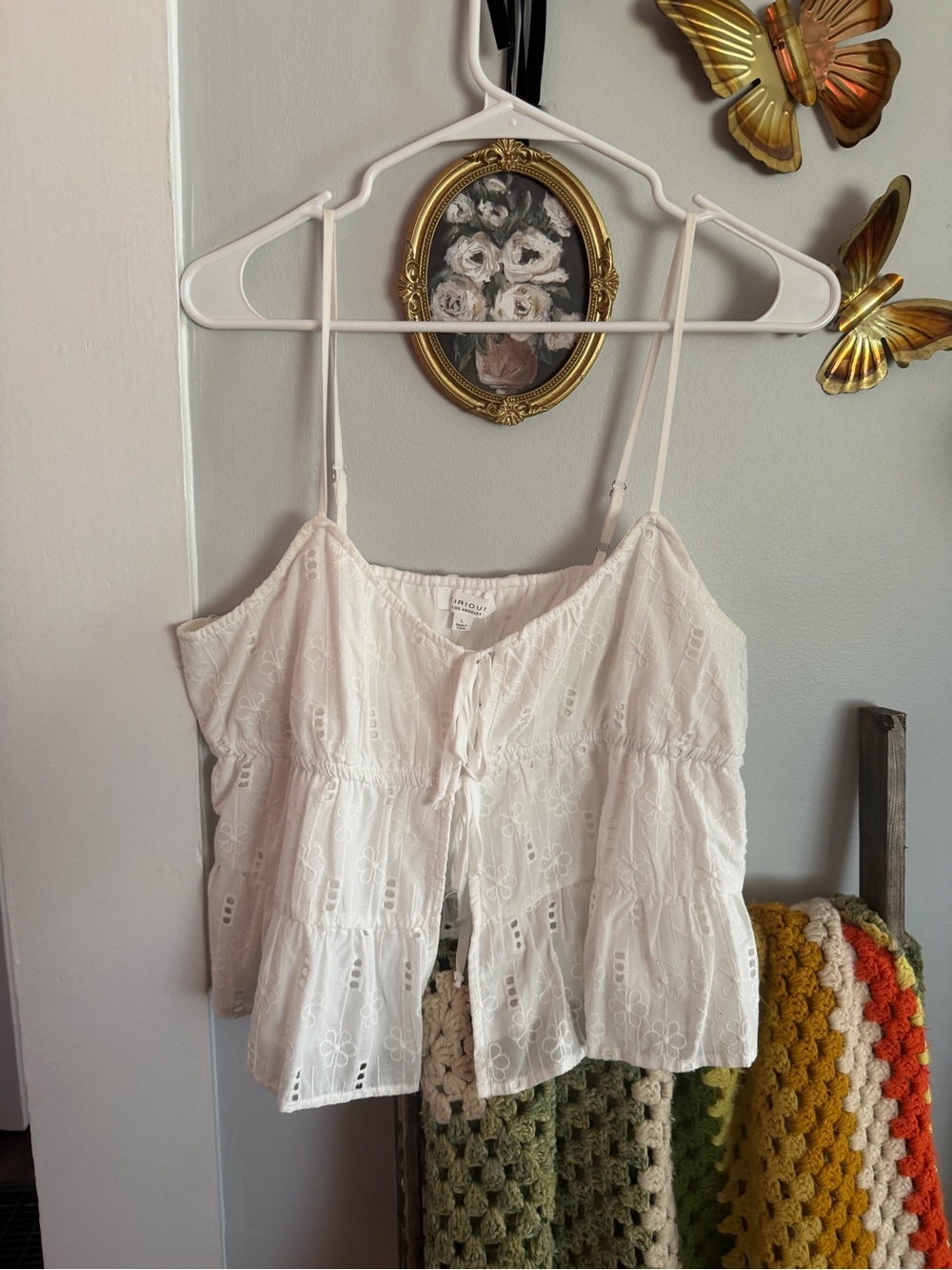 White Eyelet Tie-Front Tiered Cropped Camisole
